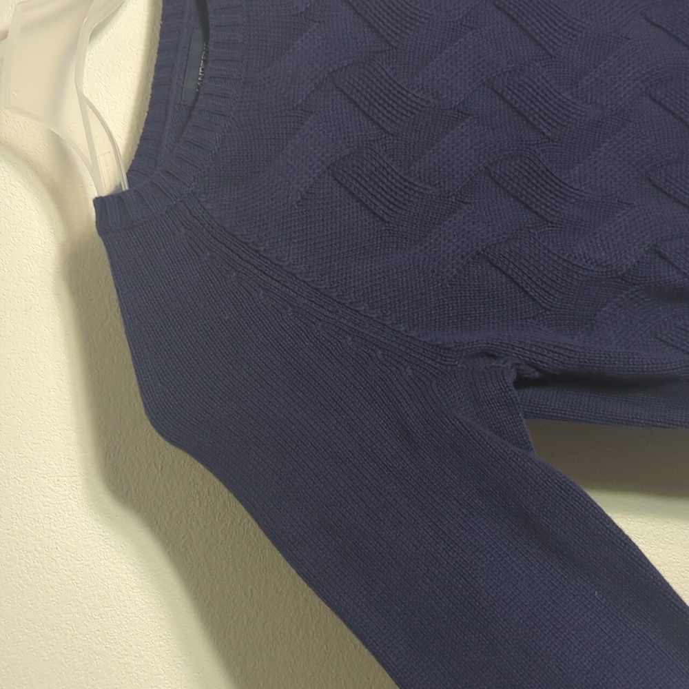 Lands' End Drifter Navy Blue Cable Knit Fisherman Midweight Cotton Sweater Large - Picture 4 of 8